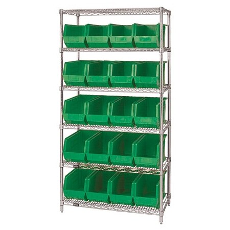 Bsc Preferred 36 x 18 x 74'' - 6 Shelf Wire Shelving Unit with 20 Green Bins WSBQ265G